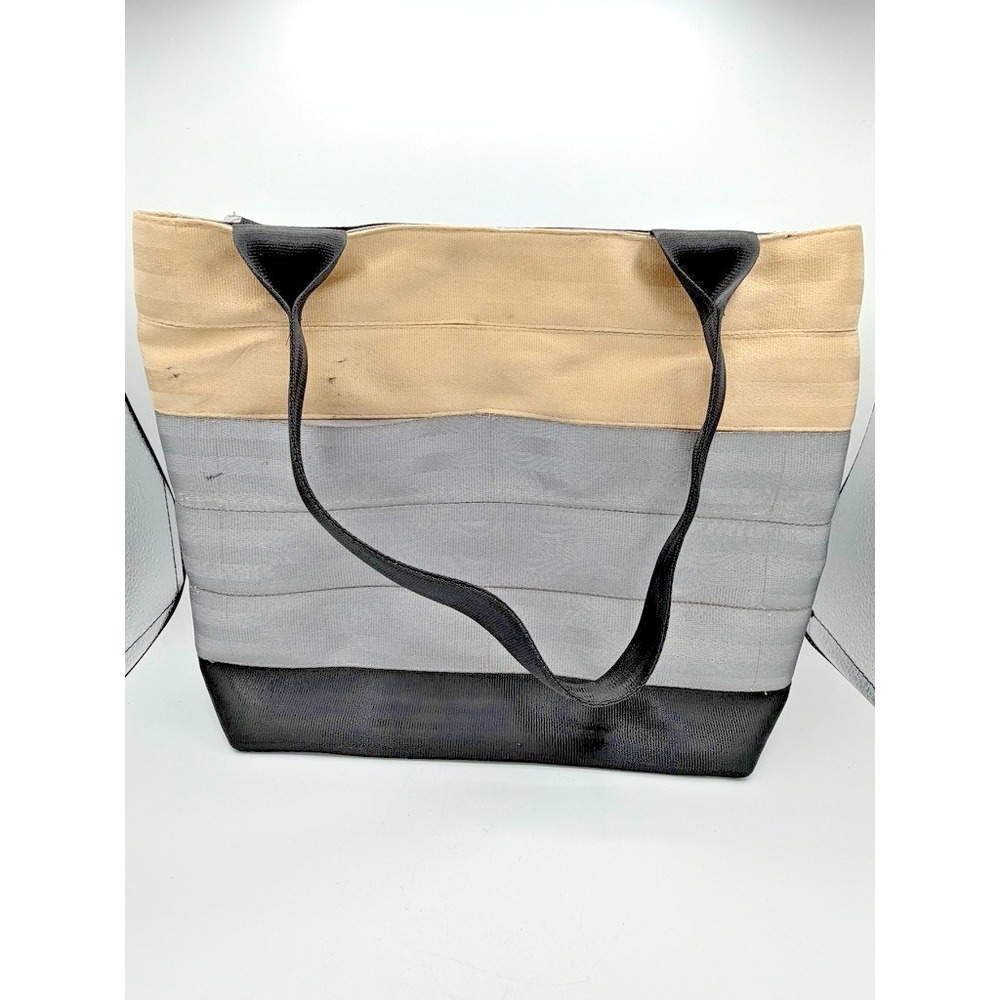 Seatbelt Strap Tote Bag Large Woven Gray‎ Black Cream Zipper Top Recycled Style